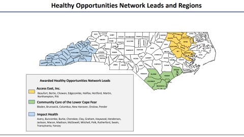 A map of North Carolina, showing regions covered by the Healthy Opportunities Pilot