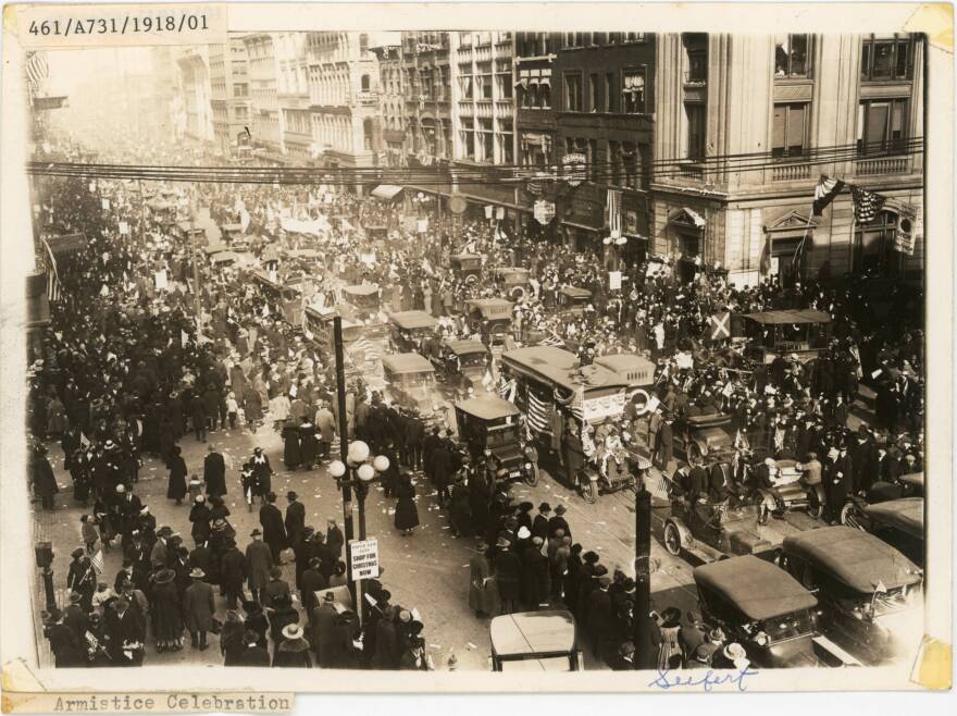 View of the Armistice Day celebration in downtown Columbus on November 11, 1918 at the intersection of North High and Gay Streets.