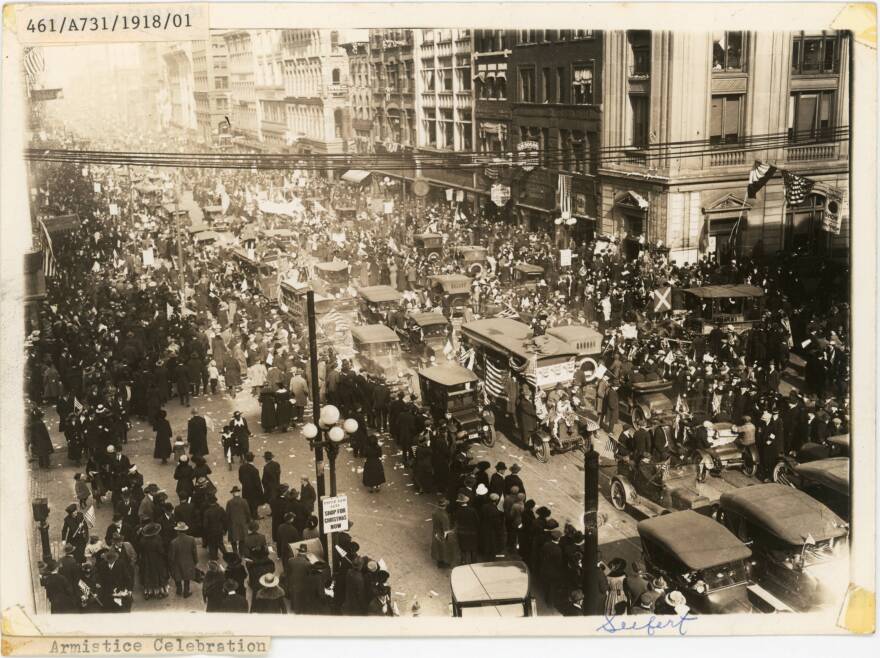 View of the Armistice Day celebration in downtown Columbus on November 11, 1918 at the intersection of North High and Gay Streets. 