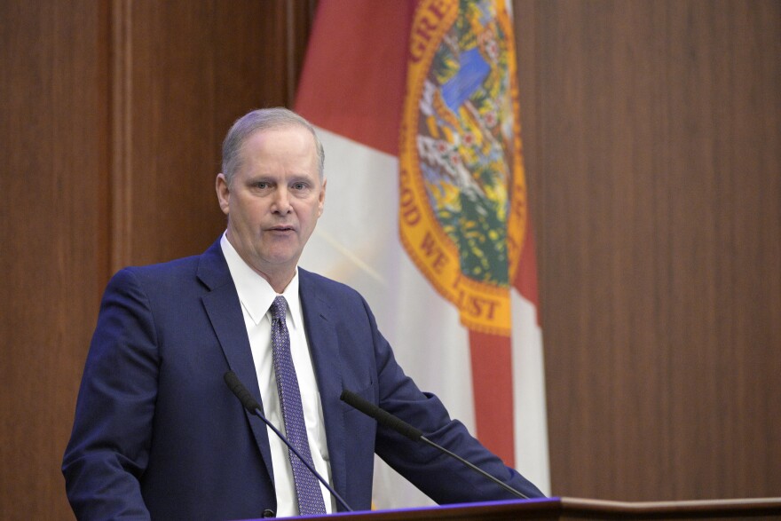 Florida Senate President Wilton Simpson addresses a legislative session, Tuesday, Jan. 11, 2022, in Tallahassee, Fla. (AP Photo/Phelan M. Ebenhack)