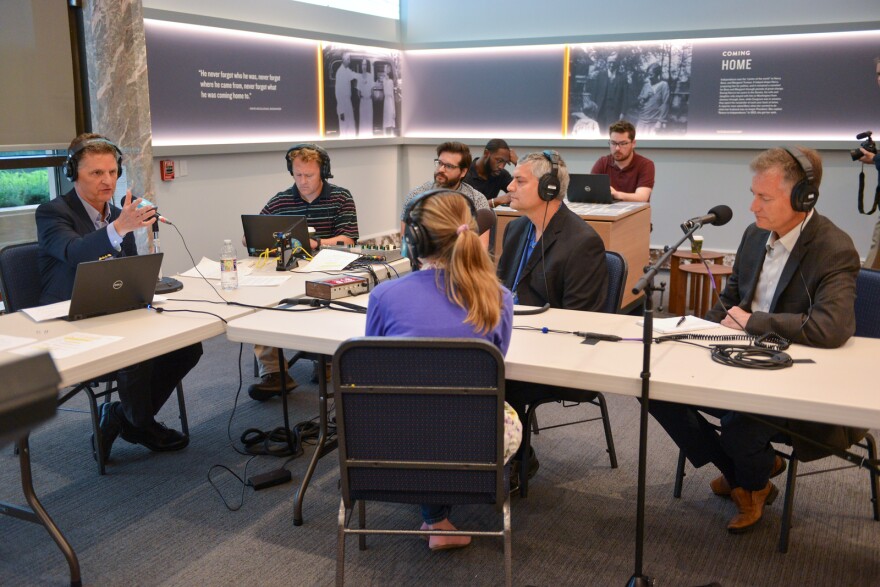 Up to Date's Steve Kraske talks with Tammy Williams (center) Mark Adams (center-right) and Kurt Graham (right) while broadcasting live at the Harry S. Truman Presidential Library and Museum on June 30, 2021.