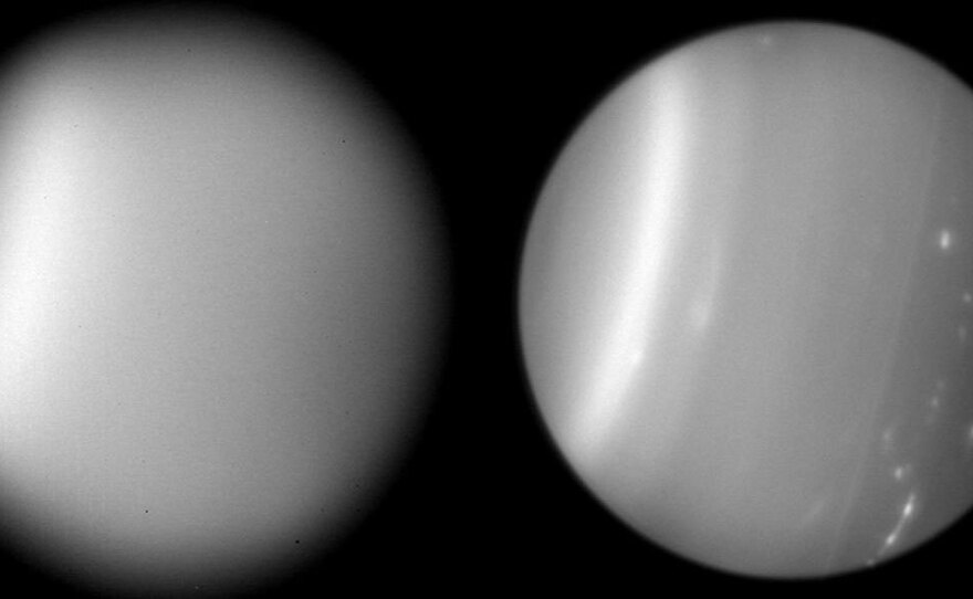 Adaptive optics technology sharpens images by changing the shape of telescope mirrors up to 1,000 times per second. Here, the planet Uranus is seen without (left) and with adaptive optics.