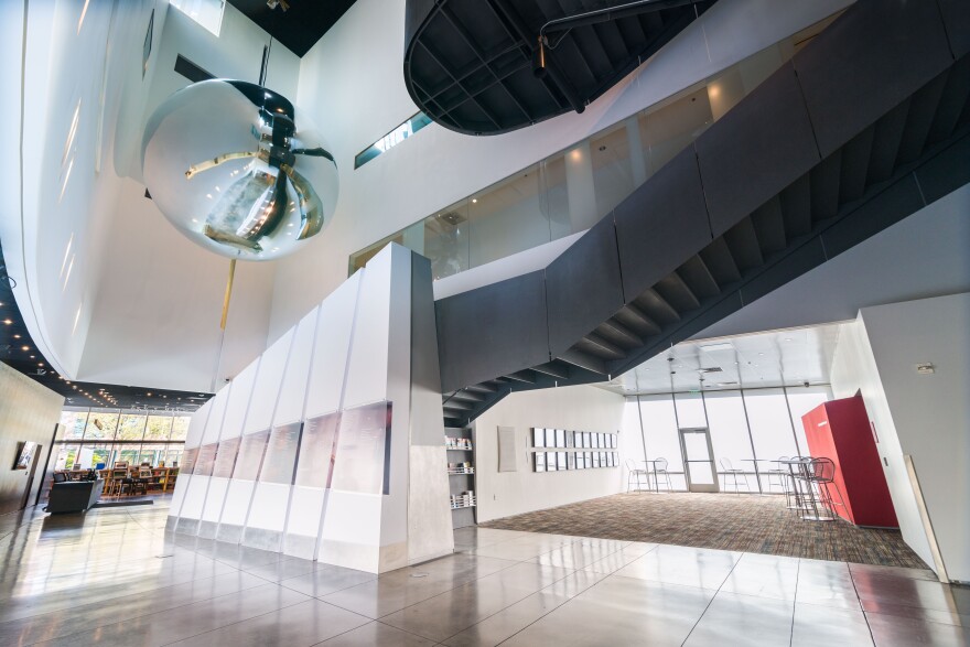 Prototype for Trevor Paglen: Orbital Reflector, co-produced and presented by the Nevada Museum of Art, on view in the Donald W. Reynolds Grand Hall at the Nevada Museum of Art.