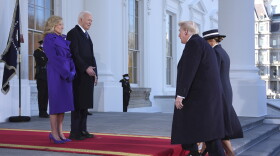 President Joe Biden, center left, and first lady Jill Biden, left, greet President-elect Donald Trump, center right, and Melania Trump, right, upon arriving at the White House, Monday, Jan. 20, 2025, in Washington. 
