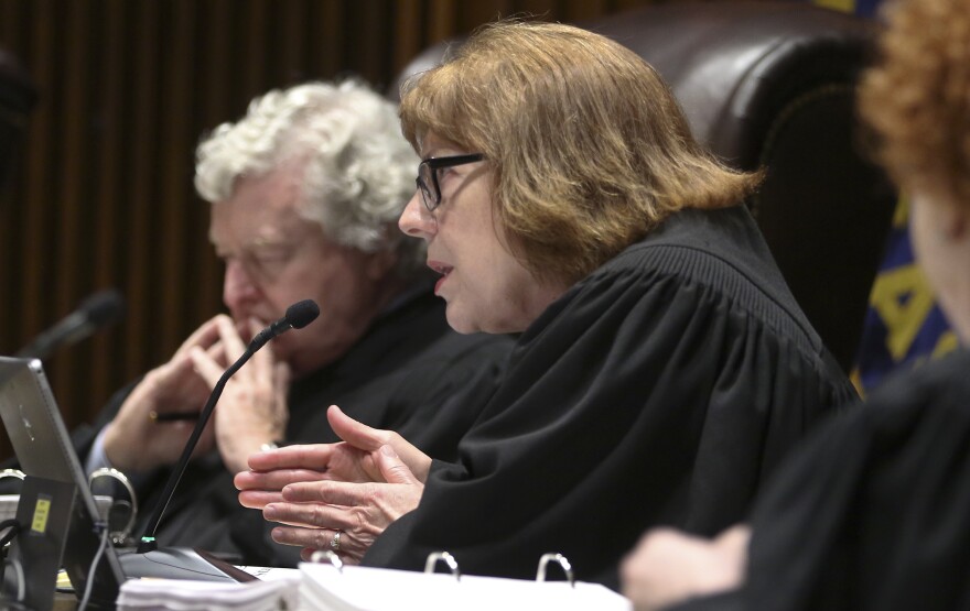 Kansas Supreme Court Justice Evelyn Wilson asks a question during redistricting map arguments in May 2022.