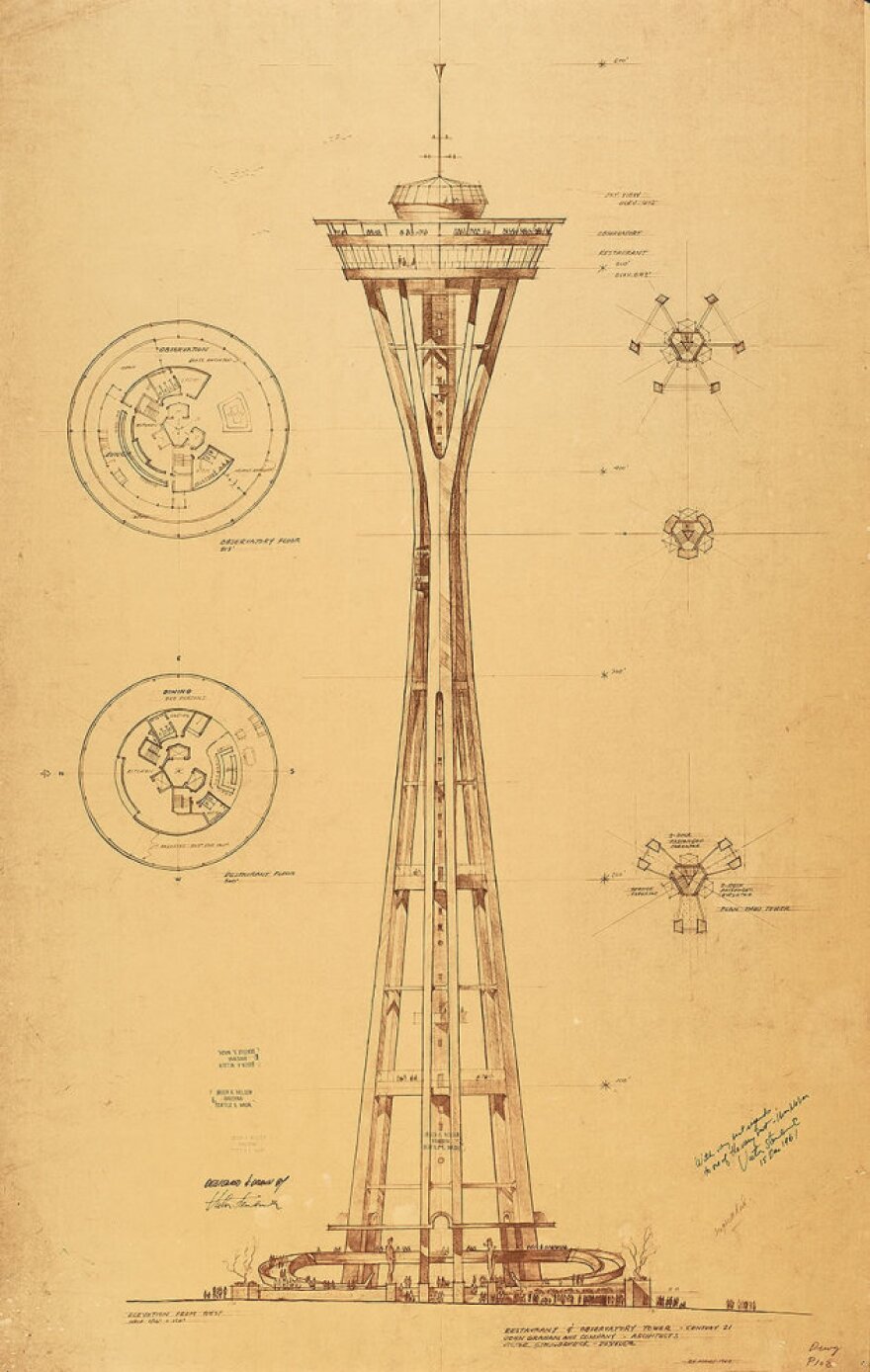 Preliminary design of the Seattle Space Needle for the 1962 Seattle World's Fair Exhibition. Victor Steinbrueck did the original drawing in August 1960.