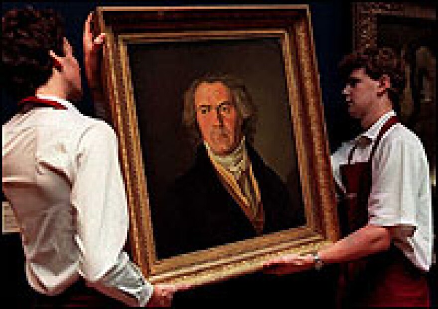 One of only a few contemporary portraits of Beethoven is prepared for auction at Sotheby's in London in 1996.