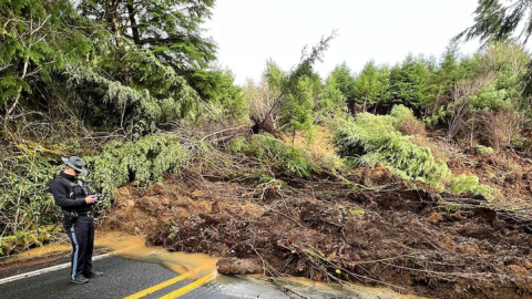 Highway 229 between Kernville and Siletz on Dec. 12, 2025. The highway is closed near milepost 14, due to a massive landslide. Travelers will need to use U.S. 101 to get around the closure.