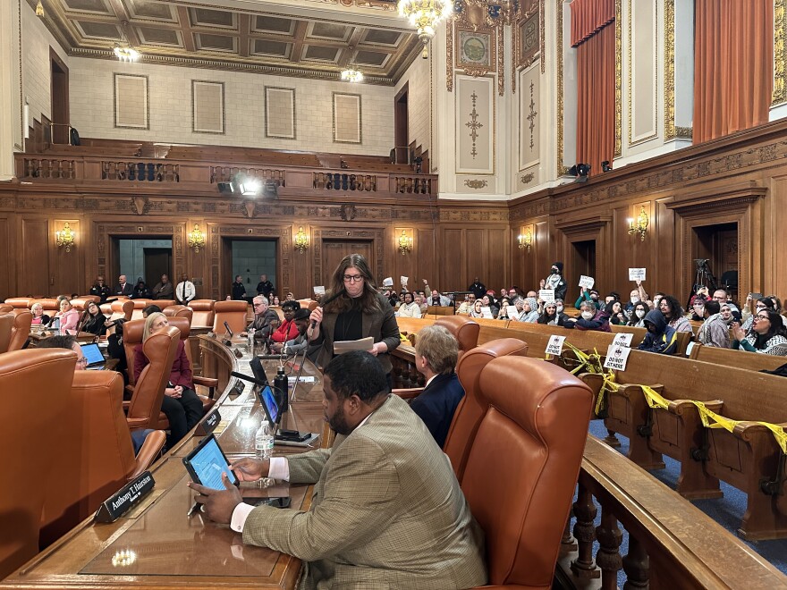 Rebecca Maurer, who represents Cleveland's Ward 12, apologizes to pro-Palestinian protesters for not speaking up about a cease-fire in City Council chambers sooner.