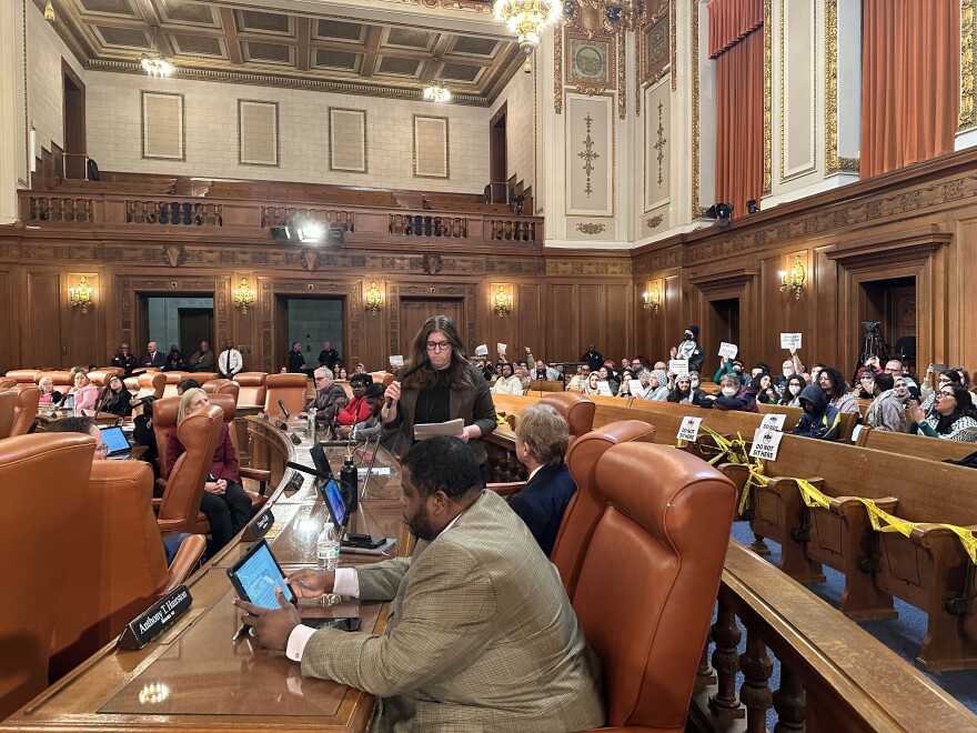 Rebecca Maurer, who represents Cleveland's Ward 12, apologizes to pro-Palestinian protesters for not speaking up about a cease-fire in City Council chambers sooner.