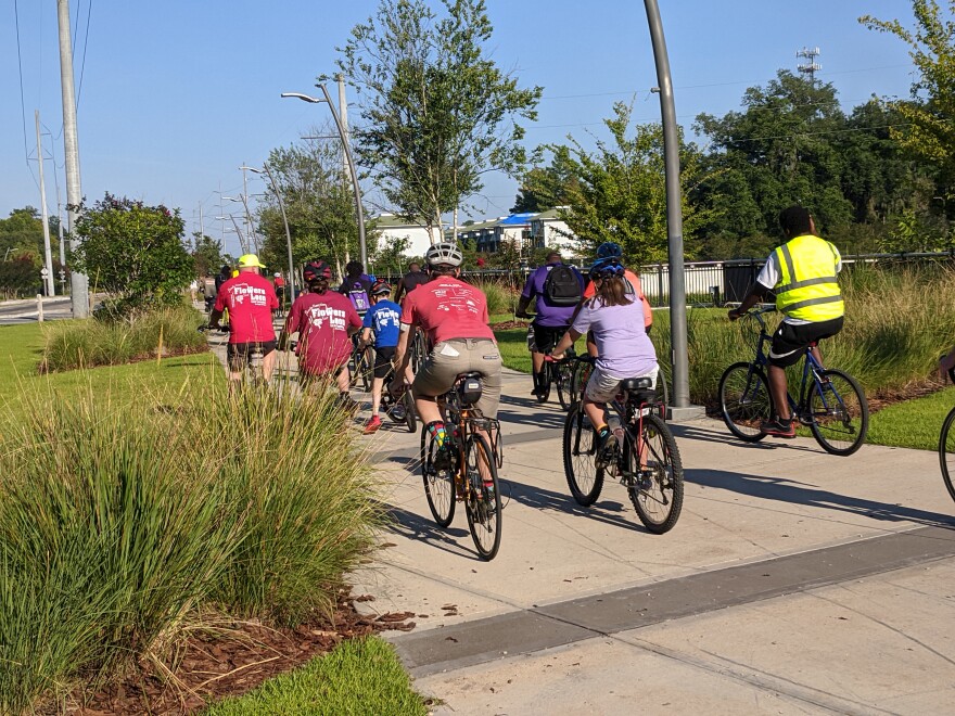 Riders beginning the 7-mile route from Anita Favors Park to the St. Marks Trail and back.