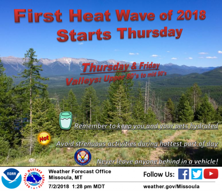 Western Montana's first heat wave of 2018 begins later this week as temperatures are expected to rise into the upper-80s mid-90s in some places by Thursday and Friday. Temperatures are expected to return to normal by the weekend.