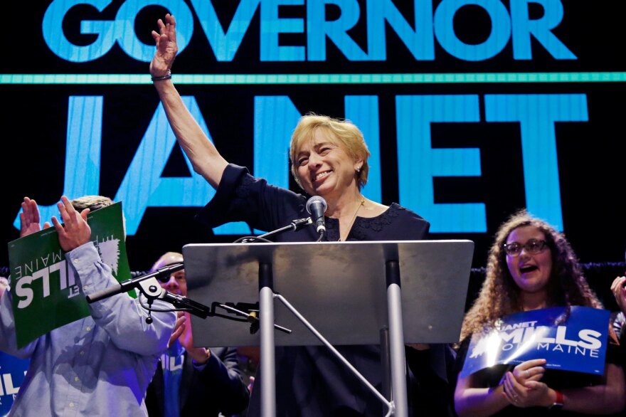 Maine gubernatorial candidate, Democrat Janet Mills celebrates her victory Tuesday in Portland, Maine.