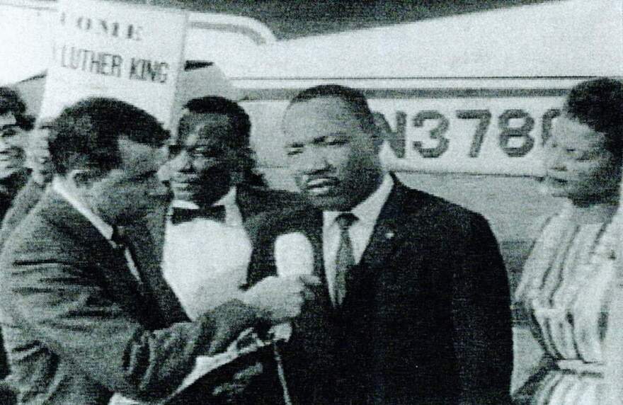 KMJ-TV reporter Brent DeMonte interviews Martin Luther King Jr. in Fresno, 1964