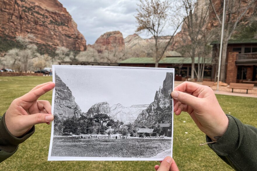 A historic photo of the view from the Zion Lodge, seen here Feb. 11, 2026, shows the red rock towers that draw visitors to the park have changed little in the past several decades.