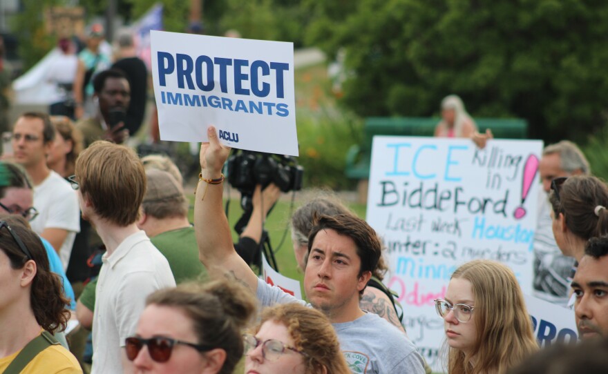 Protestors gather in Mechanics Park in Biddeford for a vigil honoring the 26-year-old man believed to be Joan Sebestian Guerroro who was killed by federal immigration agents on the morning of July 13, 2026.