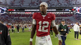Alabama quarterback Keelon Russell (12) walks off the field after an NCAA college football game against Texas A&M, Saturday, Oct. 24, 2026, in Tuscaloosa, Ala. (AP Photo/Vasha Hunt)