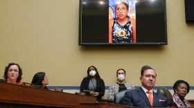 Miah Cerrillo, a fourth grade student at Robb Elementary School in Uvalde, Texas, and survivor of the mass shooting appears on a screen during a House Committee on Oversight and Reform hearing on gun violence on Capitol Hill in Washington, Wednesday, June 8, 2022. 