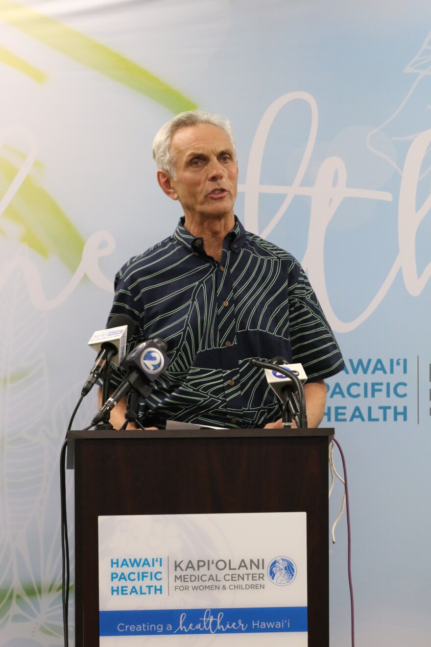 Hilton Raethel, president and CEO of Healthcare Association of Hawaii, discusses the rise in RSV cases at a press conference at Kapiʻolani Medical Center for Women and Children in Honolulu on Oct. 13, 2022.