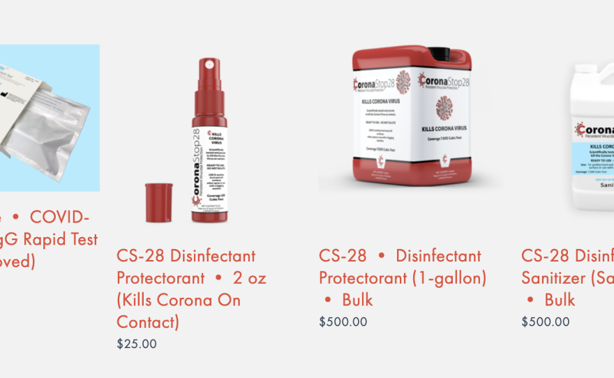 The StopCorona28 website, as seen on March 23, offered an in-home test for the coronavirus and claimed to have a virus-killing disinfectant.