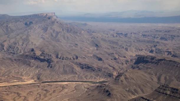 The Rio Grande cuts through the desert between the U.S. and Mexico as seen from an aerial view over Big Bend National Park on May 24, 2026.