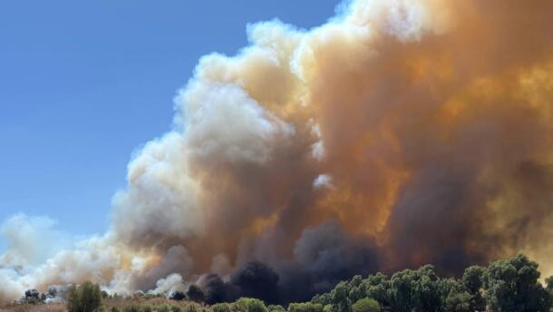 Large column of grey and yellow smoke above farm field