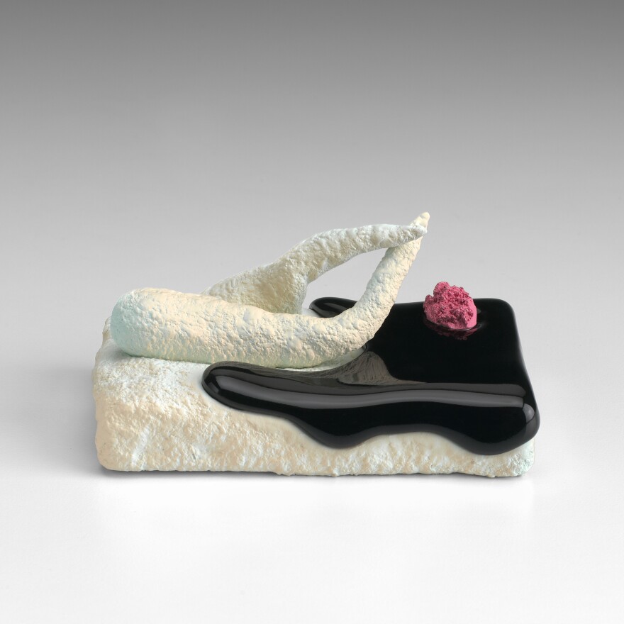 Ron Nagle, <em>Boston Scrambler,</em> 2015. Ceramic, glaze, catalyzed polyurethane, epoxy resin. 2 x 4 1/2 x 3 inches; 5 x 11 x 8 cm. Copyright Ron Nagle, Courtesy Matthew Marks Gallery.