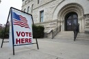 A sign announces early voting for Douglas County residents in 2021 at the Douglas County Courthouse, on Massachusetts Street in Lawrence, Kansas.