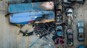 An aerial view of the aftermath of a news helicopter that crashed in Chatsworth, a neighborhood in Los Angeles, Wednesday, Sept. 16, 2026. (AP Photo/Ethan Swope)