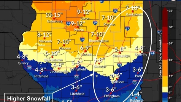Heavy snow of 6 to 12 inches is expected in much of west-central Illinois on Friday night through Saturday night. The higher amounts will be closer to the I-74 corridor.