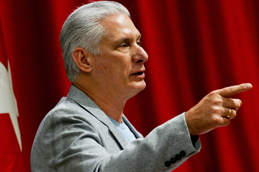FILE - Cuban President Miguel Diaz-Canel delivers a welcome speech to participants of the, "Nuestra America," or "Our America Convoy," at the Convention Palace in Havana, Cuba, March 20, 2026.
