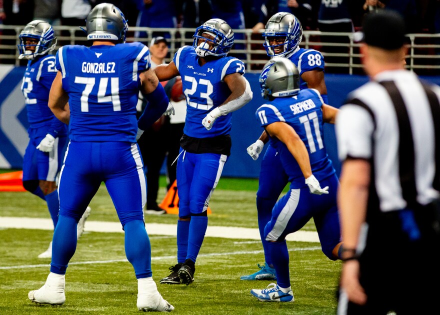 St. Louis Battlehawks running back Brian Hill (23) celebrates a play alongside his teammates on Sunday, March 12, 2023, during the Battlehawks’ XFL home opener against the Arlington Renegades at the Dome at America’s Center in downtown St. Louis.