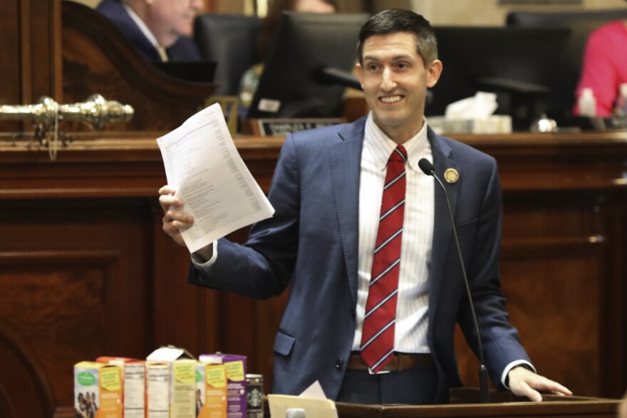 South Carolina Rep. Adam Morgan, R-Taylors, speaks out against individual spending in member districts on Tuesday, May 9, 2023, in Columbia, S.C. (AP Photo/Jeffrey Collins)