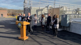 Meriden Mayor Kevin Scarpati makes introductions Thursday at a sewage treatment being modernized with state and federal funding. Behind him are SBA Administrator Isabella Casillas Guzman, Gov. Ned Lamont, DEEP Commissioner Katie Dykes, U.S. Rep. Jahana Hayes, and Mark Boughton, the commissioner of revenue services.