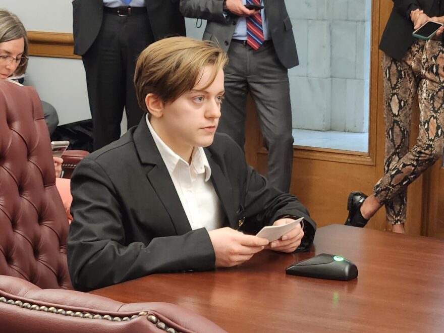 Kaymo Mainard O’Connell, 16, speaks against House Bill 1156 before the Senate Education Committee on March 8, 2023.