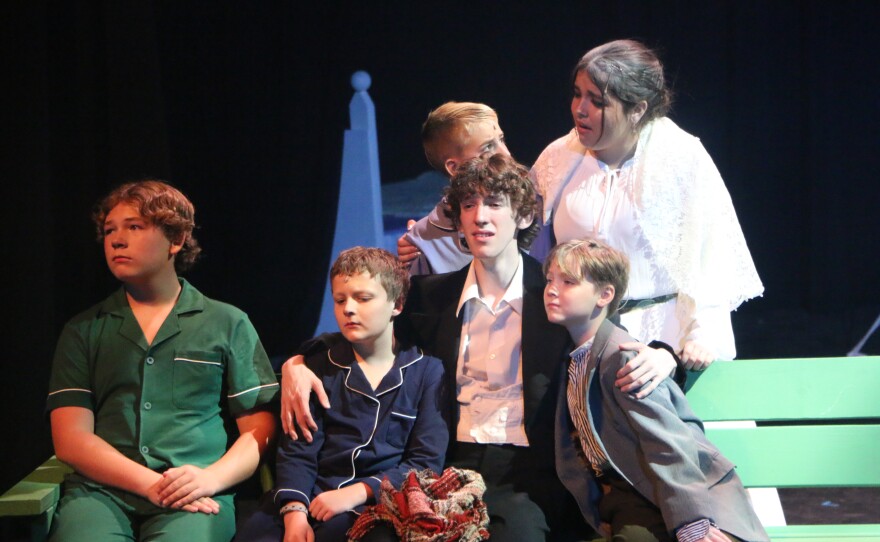 Jones Weltzyn (George Llewelyn Davis), Mayer Richardson (Michael Llewelyn Davis), Avyn Kershner (Jack Llewelyn Davis), Brody Parris (J.M. Barrie), Chloi Martinez (Mrs. Du Maurier), and Owen Pinson (Peter Llewelyn Davis) in Mrs. Z’s Performing Arts Studio’s Finding Neverland. Photo by Allison Diaz.