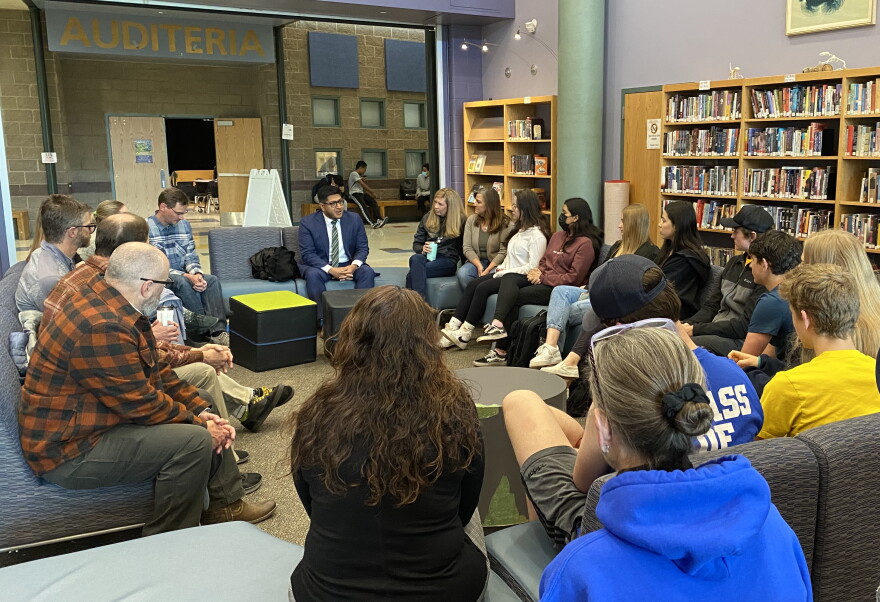 Jesus Rodriguez, center left, visits the Roaring Fork High School library in April to connect with students and teachers. The visit was part of his interview process to become the next superintendent of the Roaring Fork School District. He begins July 1.