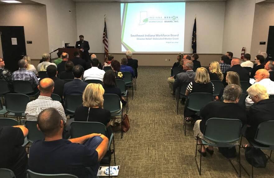 Kurt Kegerreis, the executive director of Region 9 Workforce Board, addresses an audience of state officials and lawmakers at Honda Manufacturing of Indiana on Aug. 30.