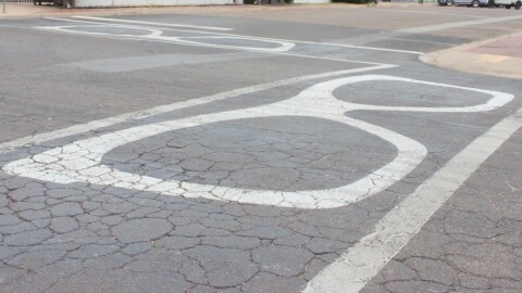 To honor Buddy Holly, the crosswalk at the intersection of 18th Street and Crickets Avenue was painted like his signature glasses in 2020. (Taken Sep. 29, 2025)