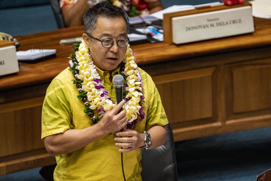 Hawaiʻi Sen. Glenn Wakai speaks during the discussion of the bill that will increase the state's lodging tax, Friday, May 2, 2025, at the state Capitol in Honolulu.