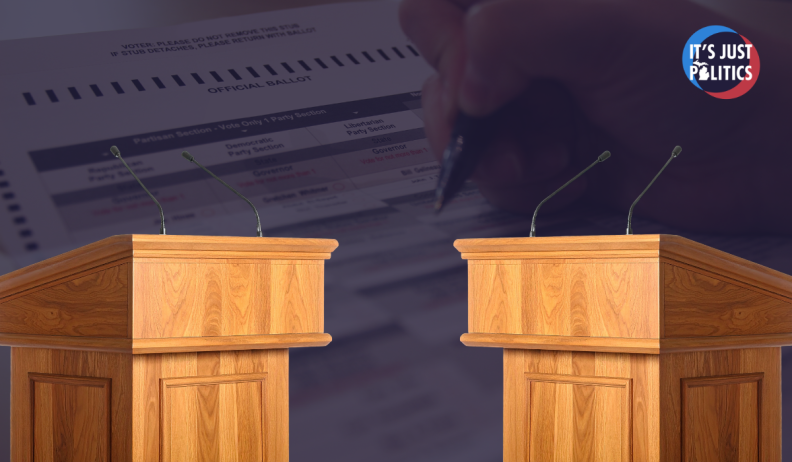 Two podiums stand opposite each other. In the background is a semi-transparent, darkened ballot. In the top right corner is the It's Just Politics logo.