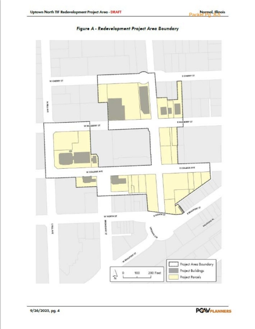 A map of Uptown Normal shows the limits of the proposed TIF district