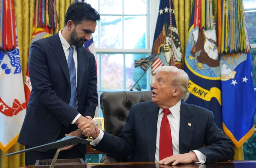 President Donald Trump shakes hands with New York City Mayor-elect Zohran Mamdani in the Oval Office of the White House, Friday, Nov. 21, 2025, in Washington.