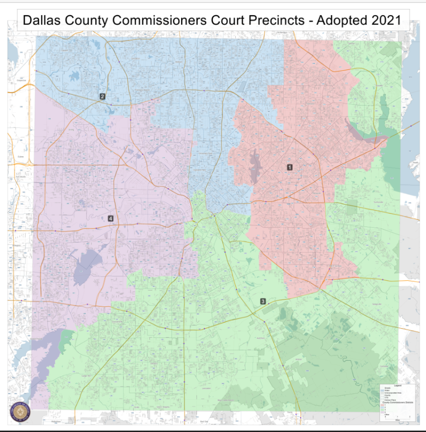 A map of districts for Dallas County Commissioners Court.