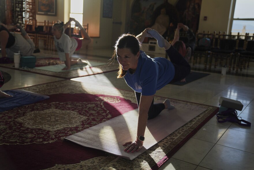 Wendy Cullum, a member of The Church of Jesus Christ of Latter-day Saints, attends a 90-minute yoga class at Shri Shri Radha Krishna Temple in Spanish Fork, Utah, on Wednesday, April 23, 2025.