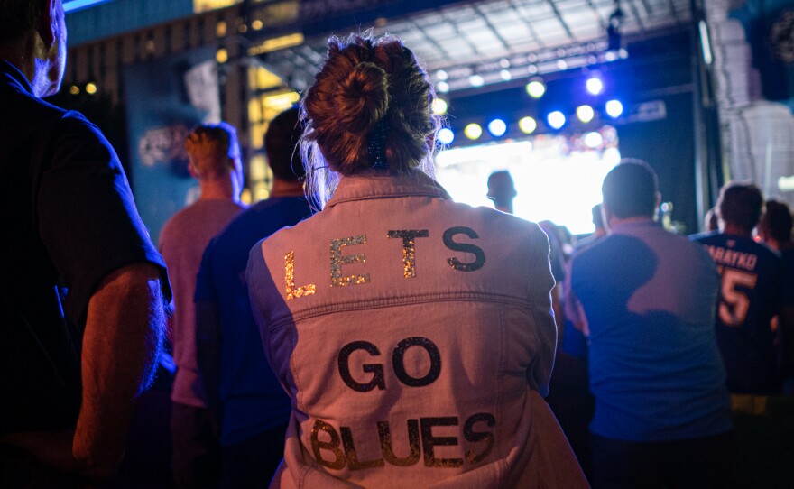 Katie Leonoudakis, 28, of Kirkwood, made this "Let's Go Blues" jacket during the second round of the playoffs.