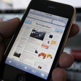 The New York Times on an iPhone. The New Mexico State Library offers free daily digital subscriptions to the newspaper to all state residents.