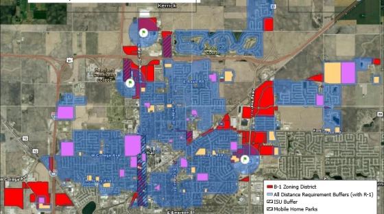 This map shows the proposed changes to Normal's existing buffer zones for recreational cannabis dispensaries.