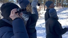Local birdwatchers observing birds on a trail at the Albany Pine Bush Preserve 