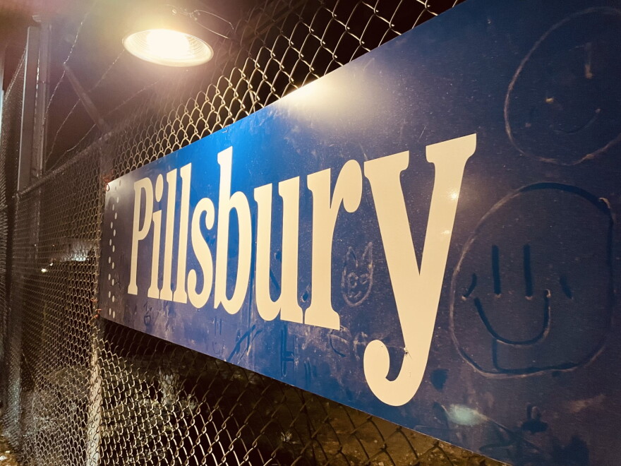Pillsbury sign hangs outside the entrance to the former Pillsbury plant.